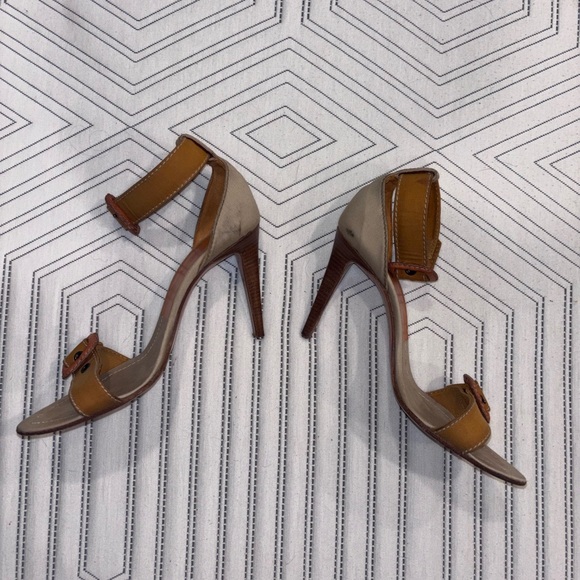 Miu Miu | Peep-Toe Orange/Tan Heeled Sandals | Size 38 (US 7.5) | 3.75” - Picture 5 of 8